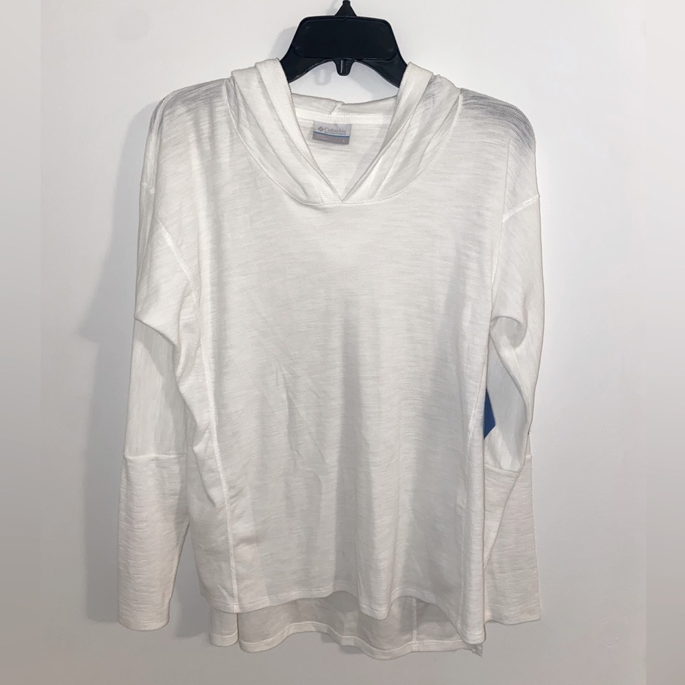 White, Columbia brand, thin and light-weight, long-sleeve, size L, with a hood.